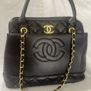 Beautiful Black soft Leather Shoulder Bag with Gold Accents & small wristlet